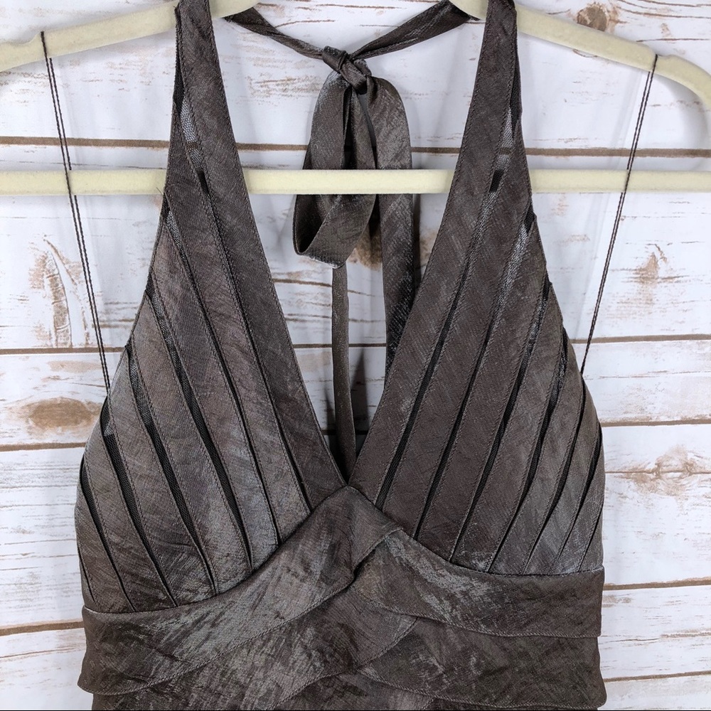 Cache brown ruffle vneck halter shimmer midi dress - Picture 5 of 8